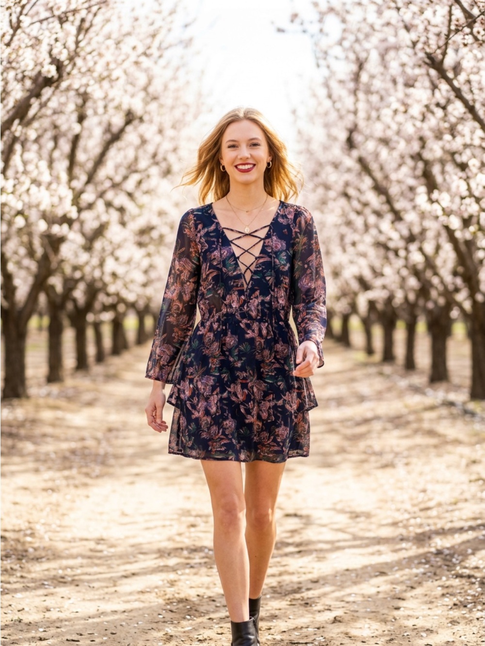 Floral Lace-Up V-Neck Long Sleeve Dress - Navy/Pink